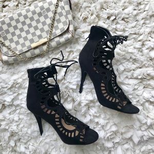 Black Suede Lace Up Stiletto Sandals